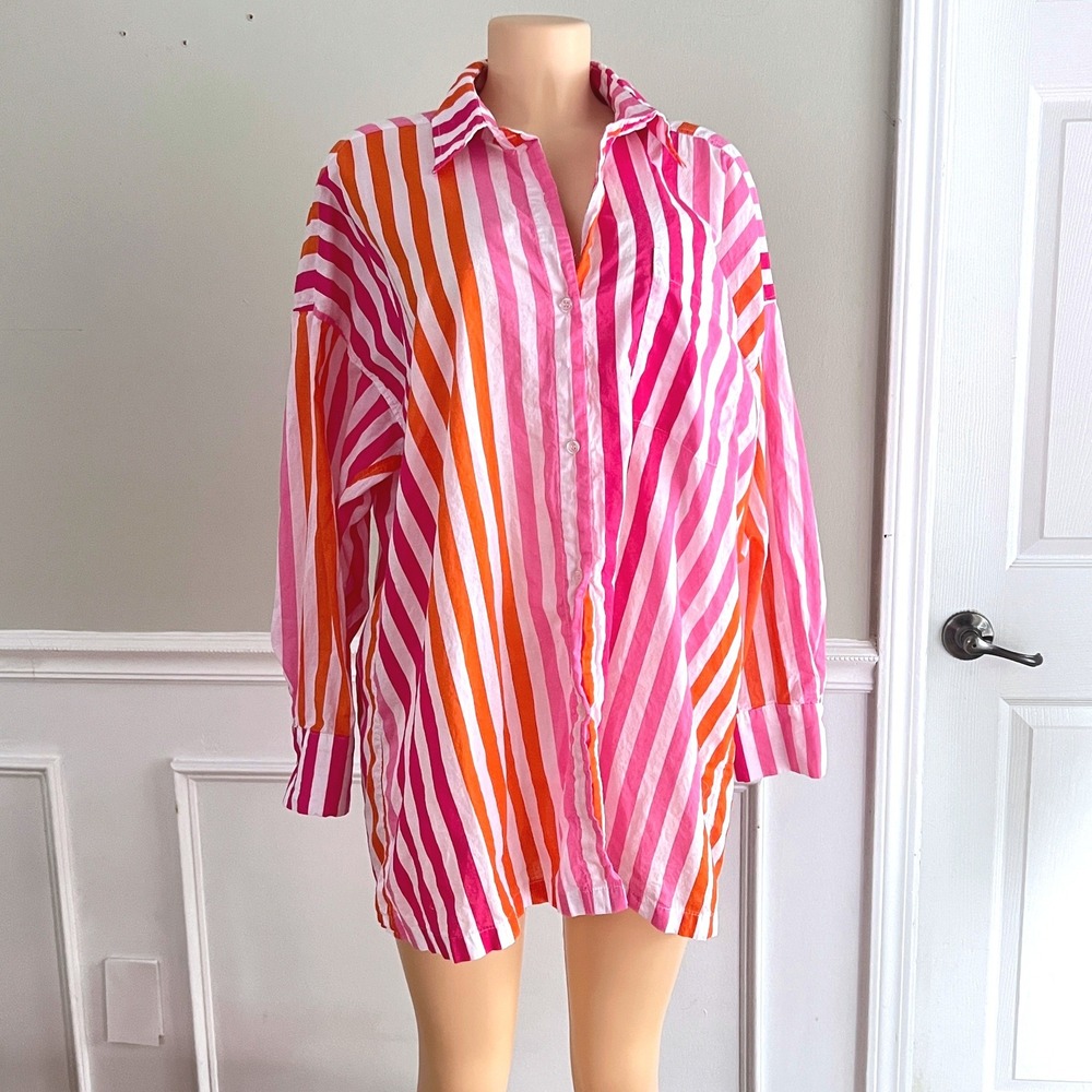 Beach Riot Vibrant Oversized Womens PL Shirt Top Striped Pink Orange Beach Vacay